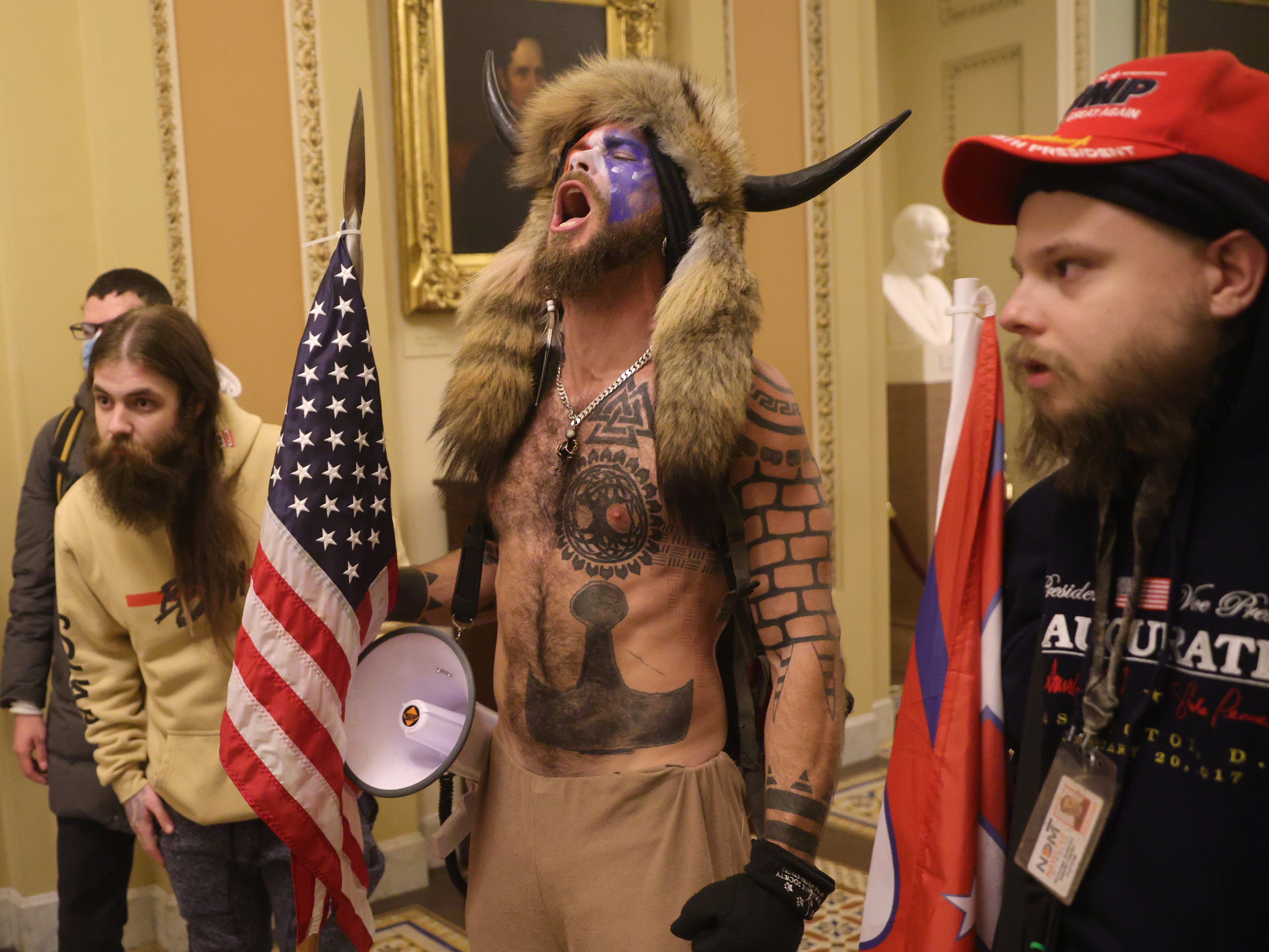 Jacob Chansley, seen here in his horns during the Capitol riot, now blames Donald Trump for his actions