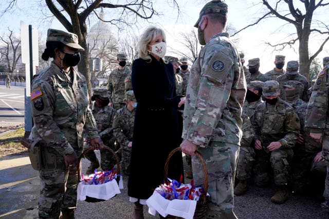 <p>Dr Jill Biden made a surprise visit to the US Capitol to thank the National Guard troops who were working to protect Washington DC</p>
