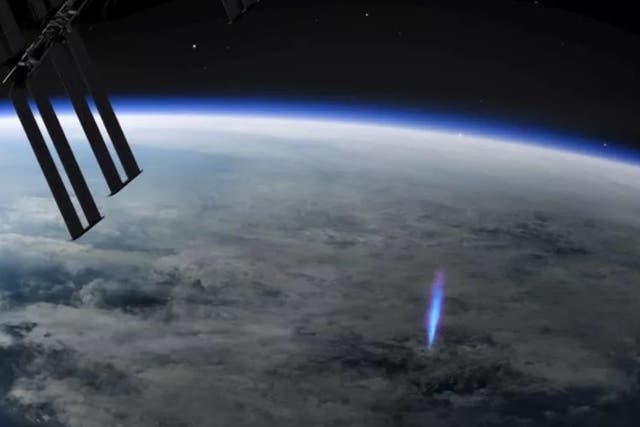 <p>An artist’s visualisation of the blue jet lighting and pulses observed from the International Space Station</p>