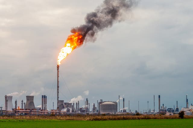 <p>Las llamas y el humo se elevan desde una antorcha en la refinería de petróleo y planta petroquímica de Grangemouth en Escocia central.</p>