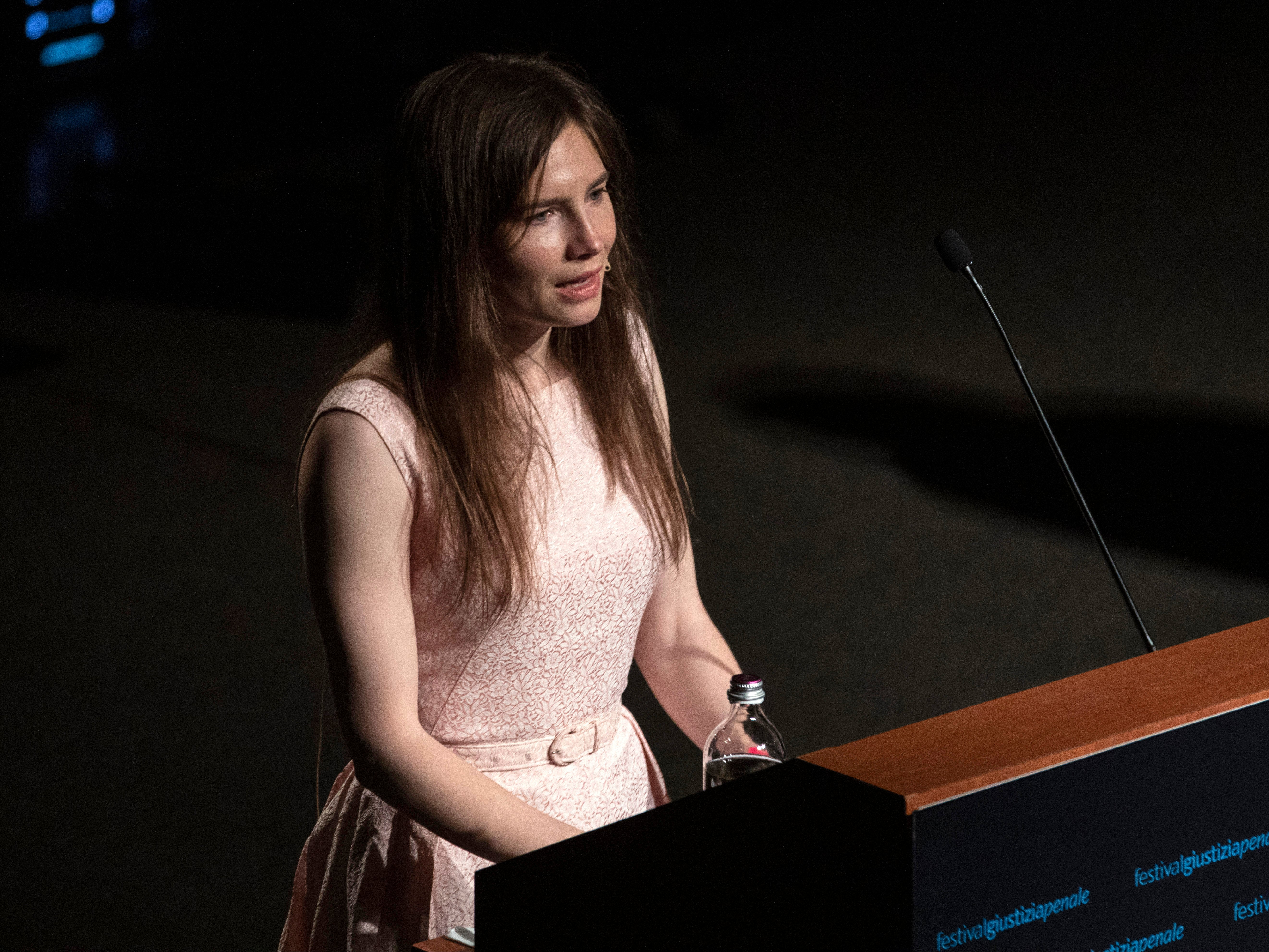 Amanda Knox delivers a speech during the Criminal Justice Festival, an event organised by The Italy Innocence Project and the local association of barristers, on 15 June 2019 in Modena