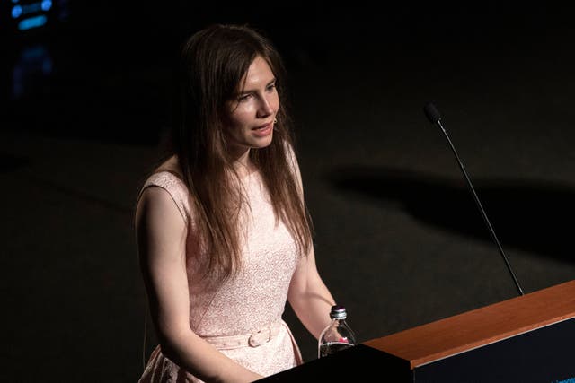 <p>Amanda Knox delivers a speech during the Criminal Justice Festival, an event organised by The Italy Innocence Project and the local association of barristers, on 15 June 2019 in Modena</p>