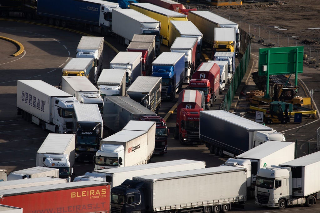 Lorries queue at Dover port on Friday, as the reality of Brexit kicks in