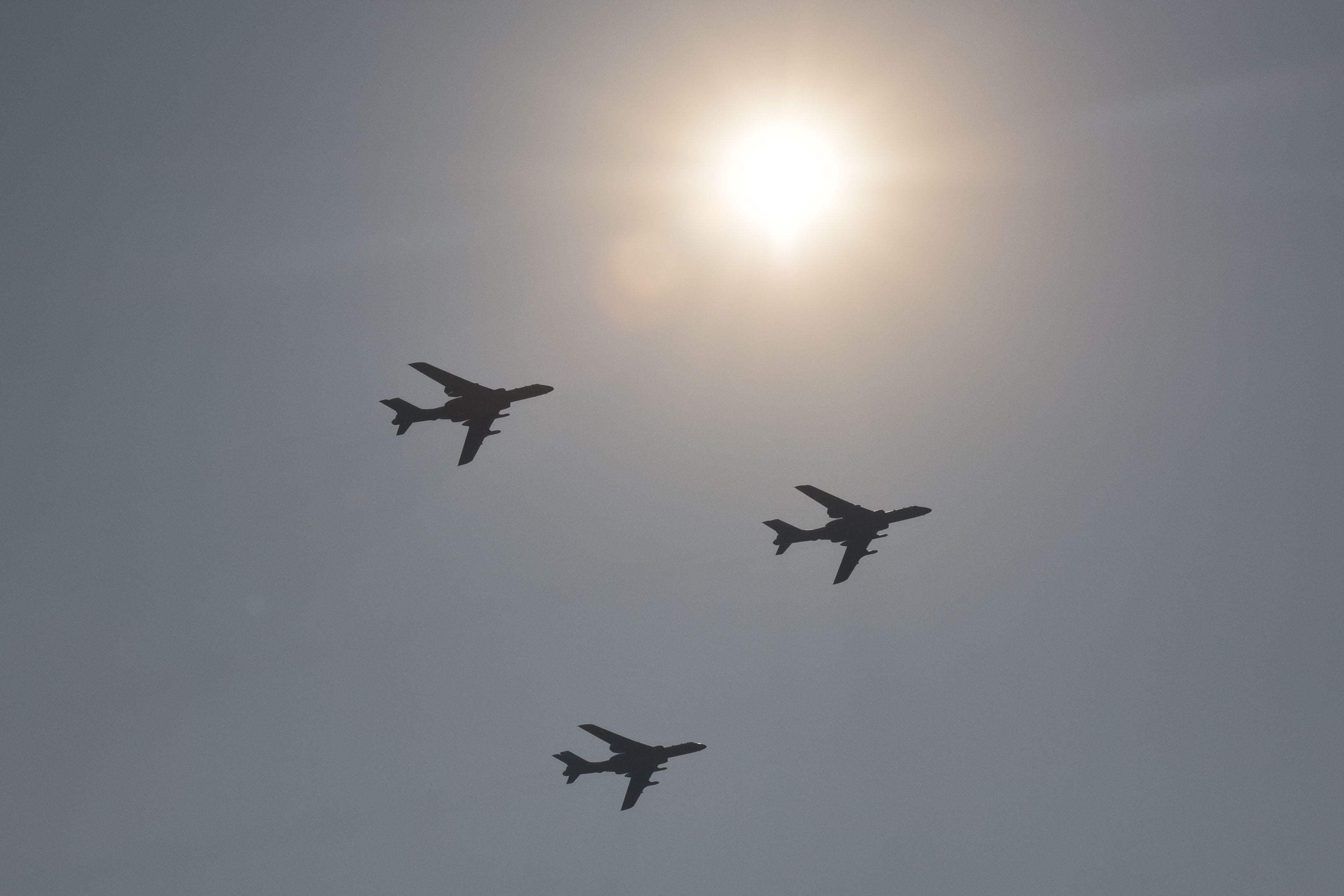 File: A formation of military H-6K bombers fly over Beijing in 2019