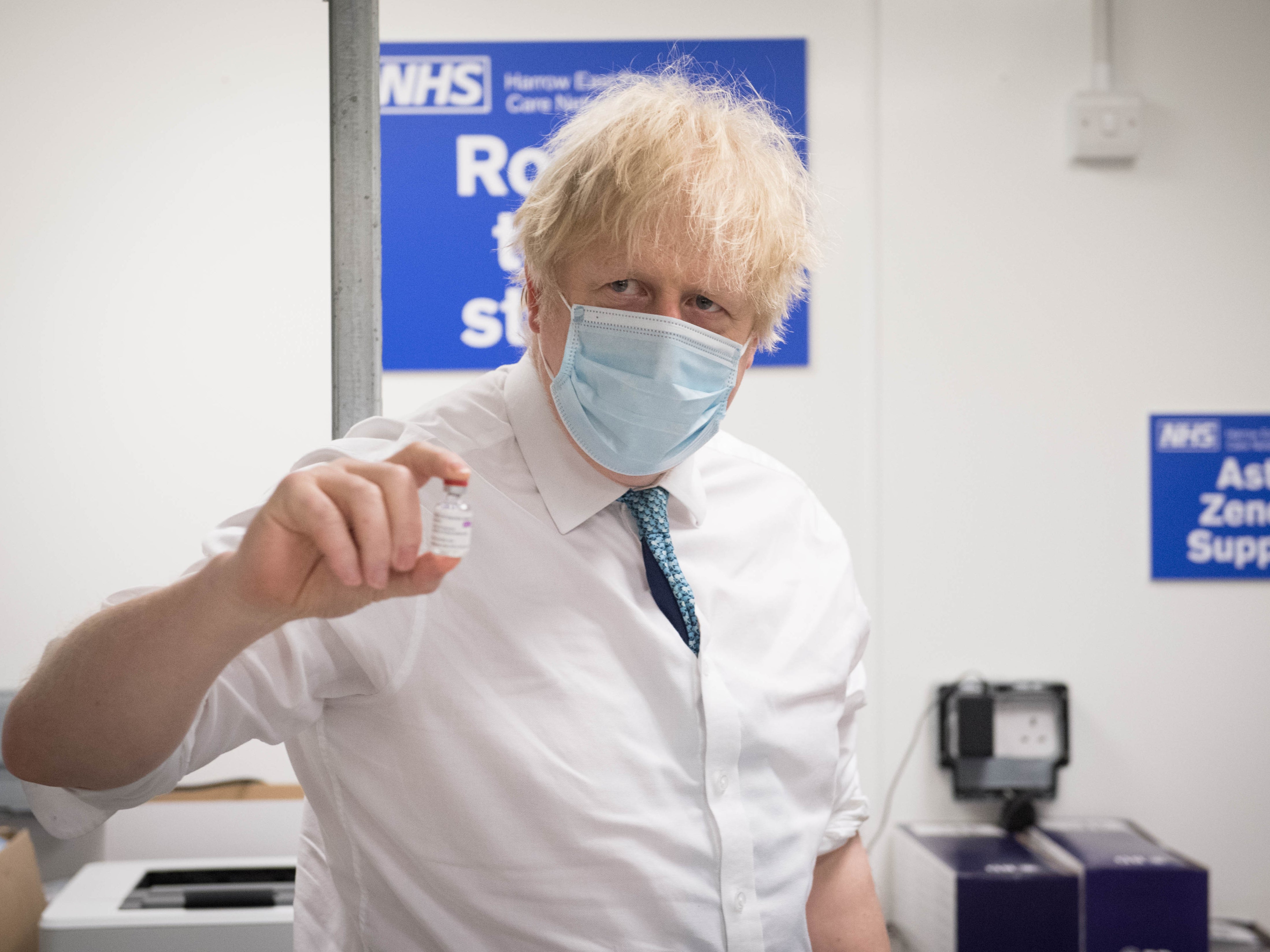 Boris Johnson with Oxford/Astra Zeneca Covid vaccine at Barnet FC