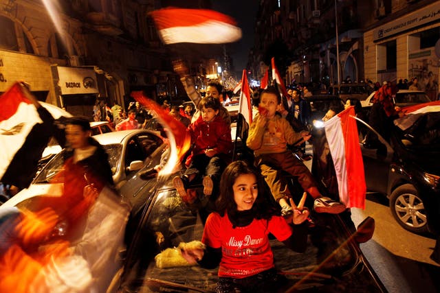 <p>Egyptians celebrate after the announcement of President Hosni Mubarak’s resignation in February 2011</p>