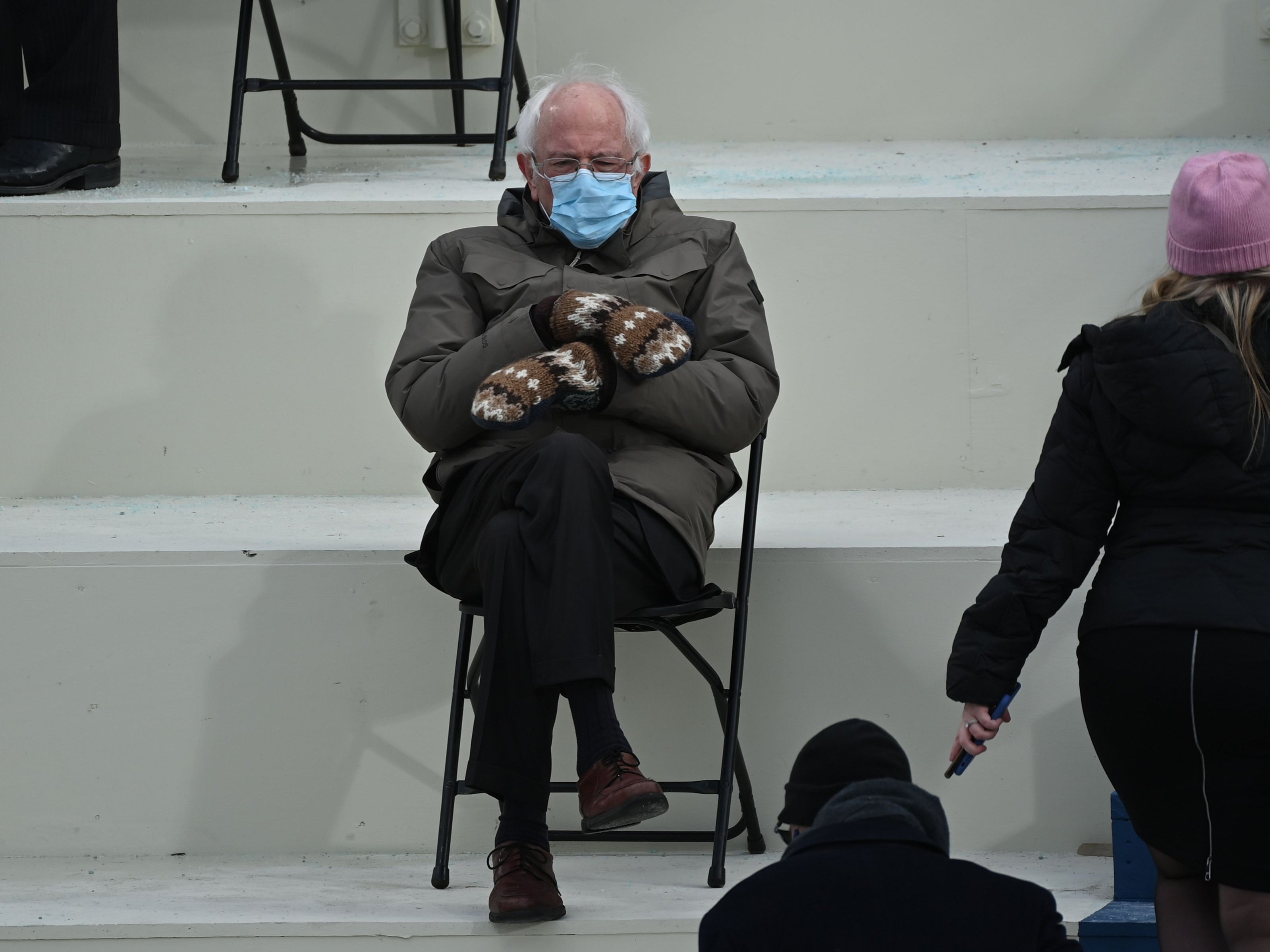 Bernie Sanders sits in the bleachers on Capitol Hill before Joe Biden is sworn in as the 46th US president on 20 January 2021, at the US Capitol
