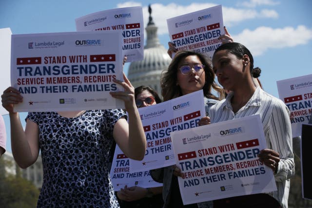 Protesters join a rally at the US Capitol in April 2019 against a ban on transgender service members in the US military.