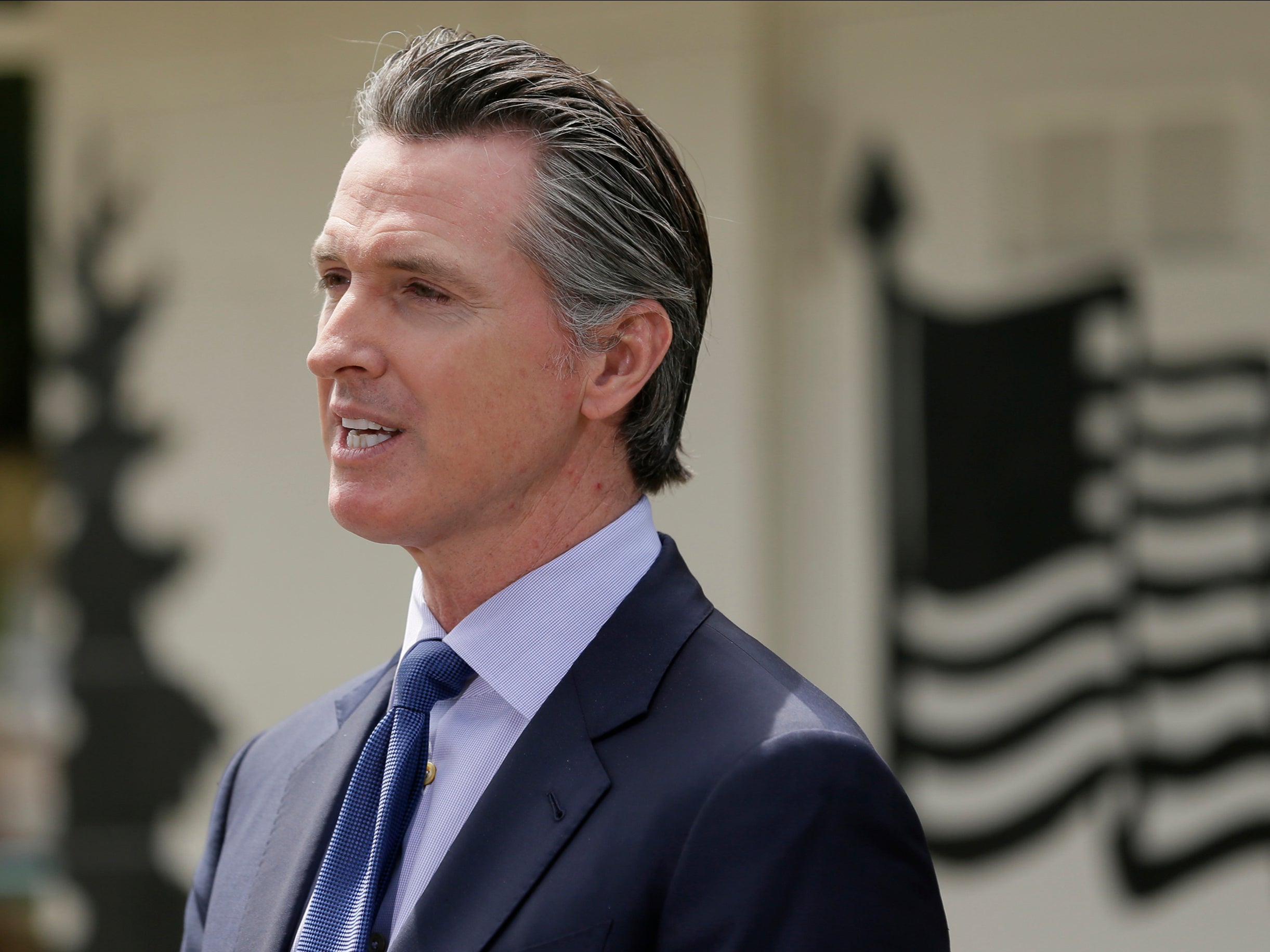 California Gov Gavin Newsom speaks during a news conference at the Veterans Home of California in Yountville, California