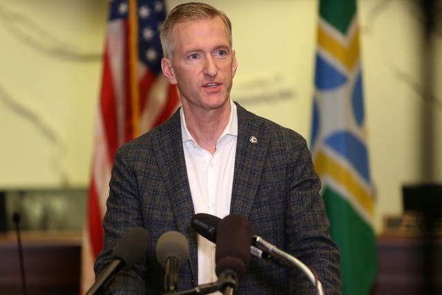 <p>Portland Mayor Ted Wheeler speaks during a news conference on 30 August 2020</p>
