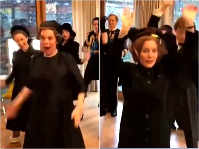 The cast of The Crown dancing to Lizzo before filming a funeral scene in season four