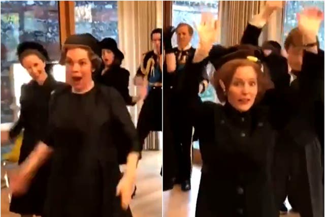 The cast of The Crown dancing to Lizzo before filming a funeral scene in season four