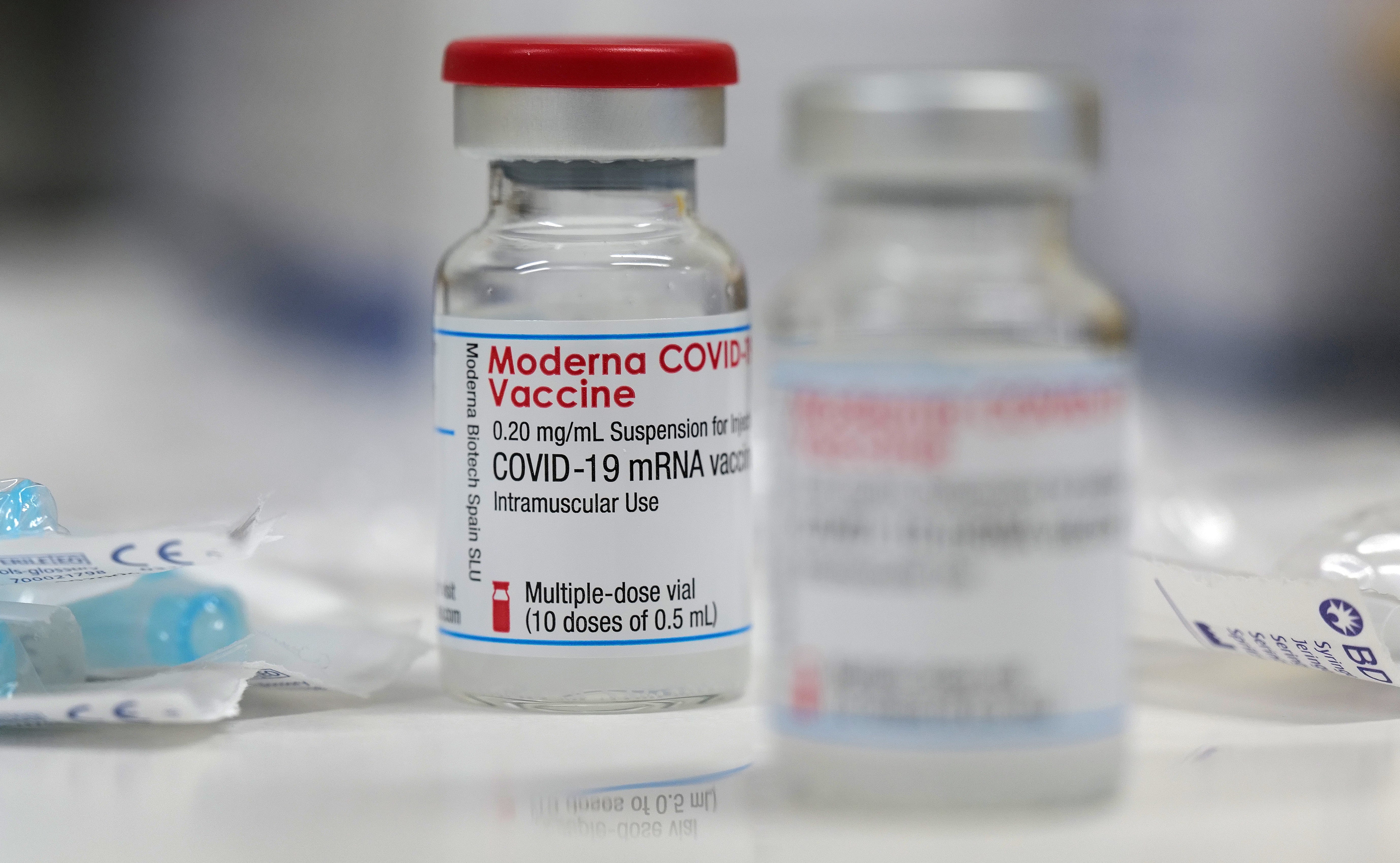 A vial of the Moderna Covid-19 vaccine is seen at a local clinic as the spread of the coronavirus disease continues