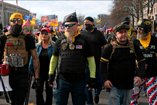 <p>In this file photo taken on 12 December 2020, members of the Proud Boys join supporters of then US President Donald Trump as they demonstrate in Washington, DC</p>