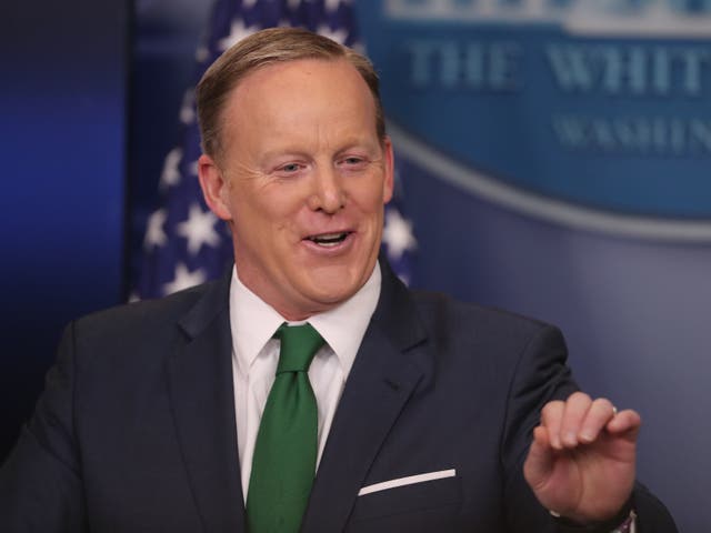 <p>Newsmax host Sean Spicer, as White House press secretary in 2017</p>