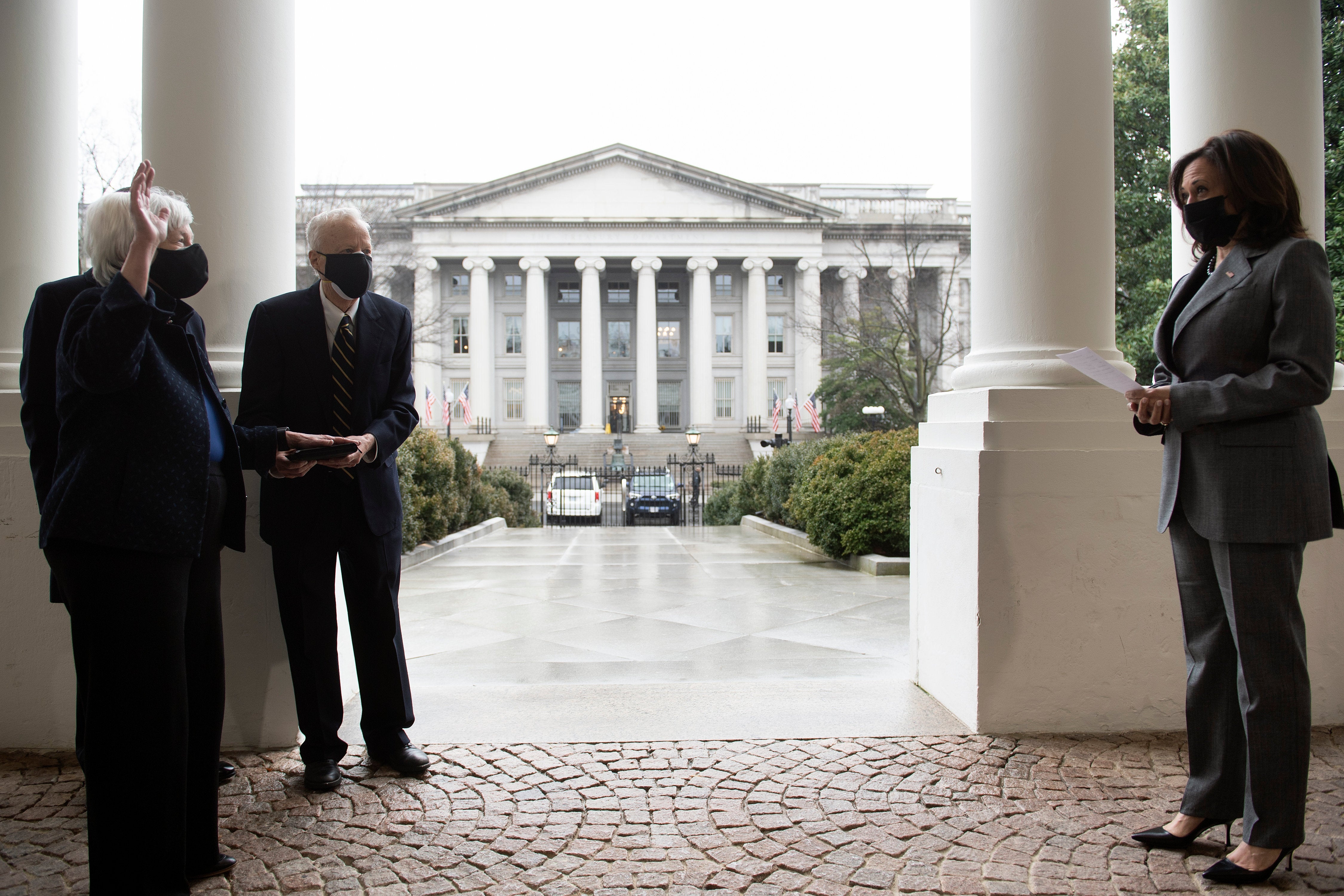 The first woman Vice President Kamala Harris swears in the first woman Treasury Secretary Janet Yellen. 