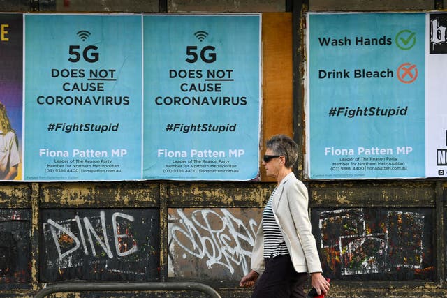 <p>Public service announcement posters in Australia, negating a conspiracy that 5G telecommunications technology causes the coronavirus</p>