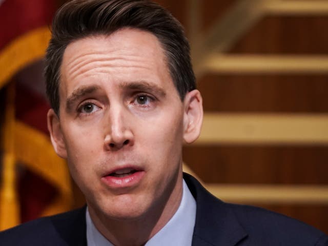 <p>Sen Josh Hawley asks questions during a Senate Homeland Security &amp; Governmental Affairs Committee hearing to examine baseless claims of voter irregularities in the 2020 election</p>