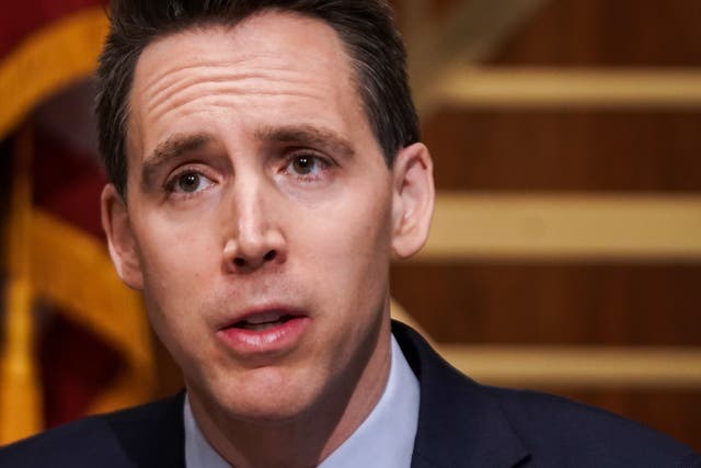 <p>Sen Josh Hawley asks questions during a Senate Homeland Security &amp; Governmental Affairs Committee hearing to examine baseless claims of voter irregularities in the 2020 election</p>