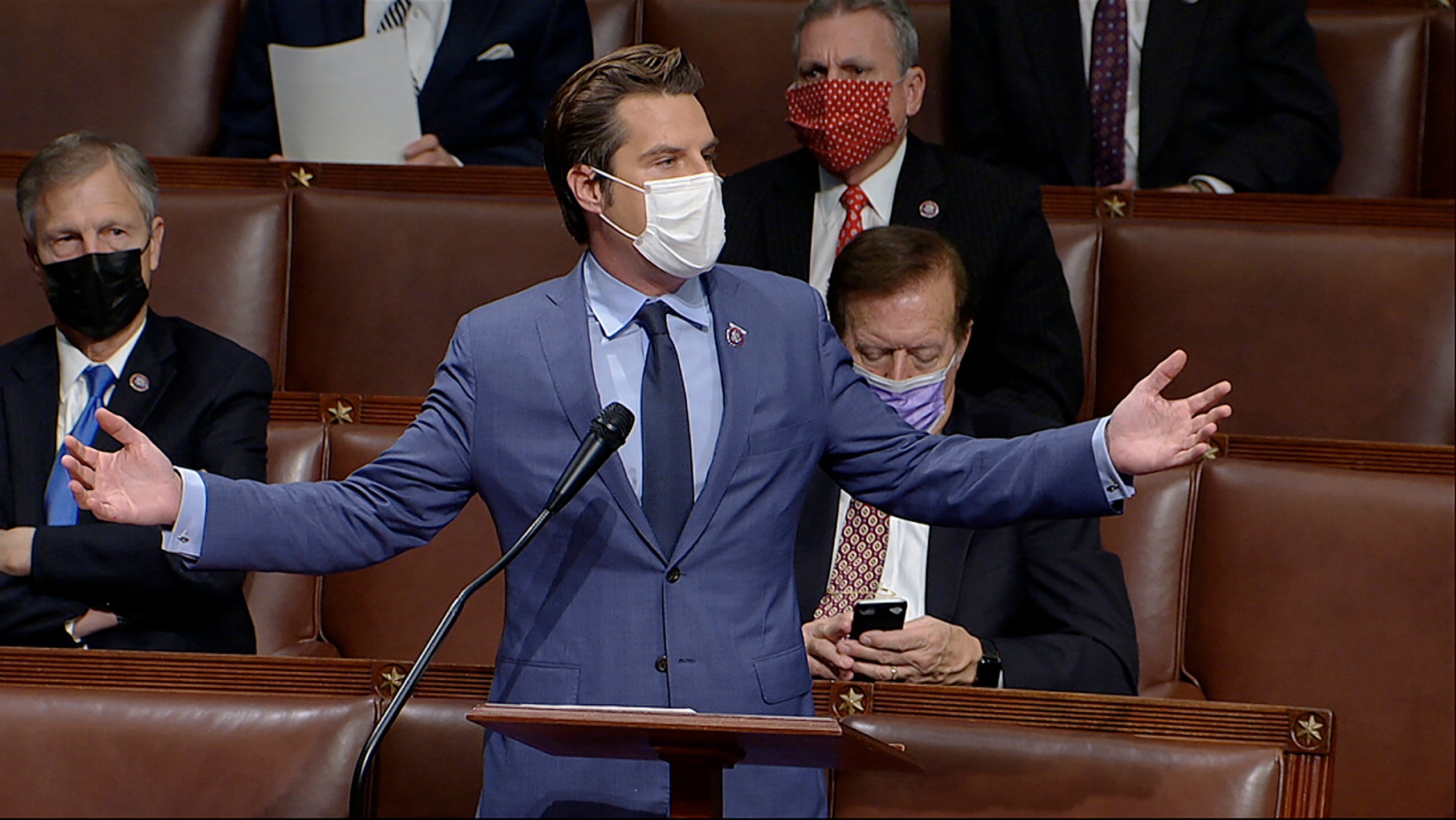 <p>El representante de la Florida Matt Gaetz durante su presentación del 6 de enero del 2021 en la sesión en que se analizaron las objeciones al resultado de las elecciones en Arizona.&nbsp;</p>