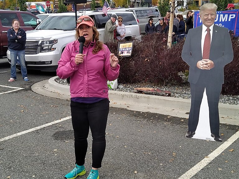 Assemblywoman Jamie Allard speaks at an Alaskans for Trump rally in Anchorage, Alaska in September 2020. 