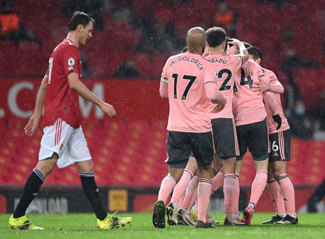 Sheffield United celebrate scoring against Manchester United
