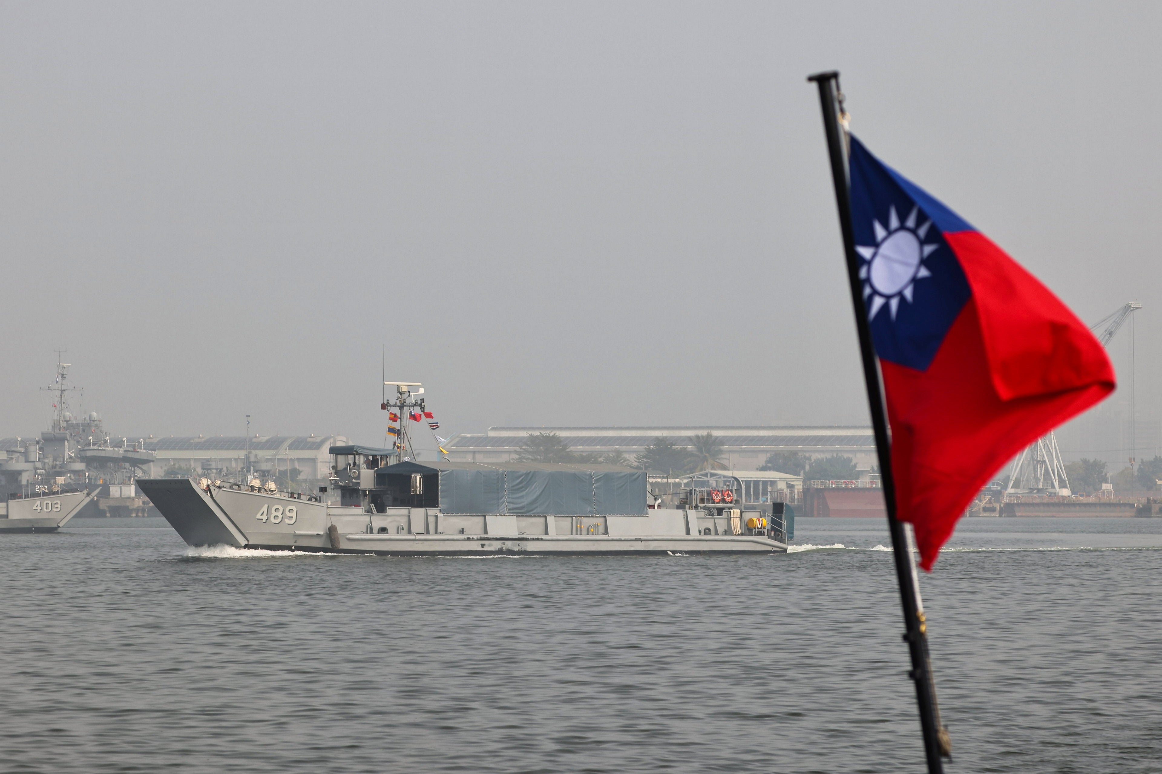 A Taiwan flag is seen during a navy drill ahead of the Lunar New Year