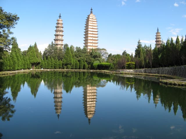 <p>Despite the power and achievements of the Nanzhao Empire, very few of its major buildings survive today – apart from the newly discovered remnants of its great monastery - and the still standing 9th century pagoda in Dali (the middle structure in this photograph).</p>