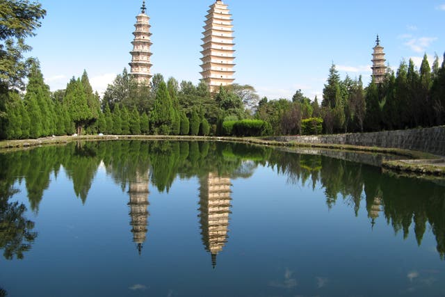 <p>Despite the power and achievements of the Nanzhao Empire, very few of its major buildings survive today – apart from the newly discovered remnants of its great monastery - and the still standing 9th century pagoda in Dali (the middle structure in this photograph).</p>