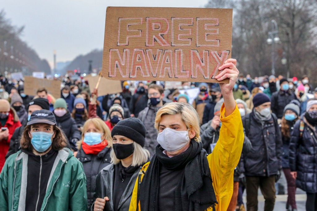 Supporters of Russian opposition politician Alexei Navalny march to demand his release from prison in Moscow