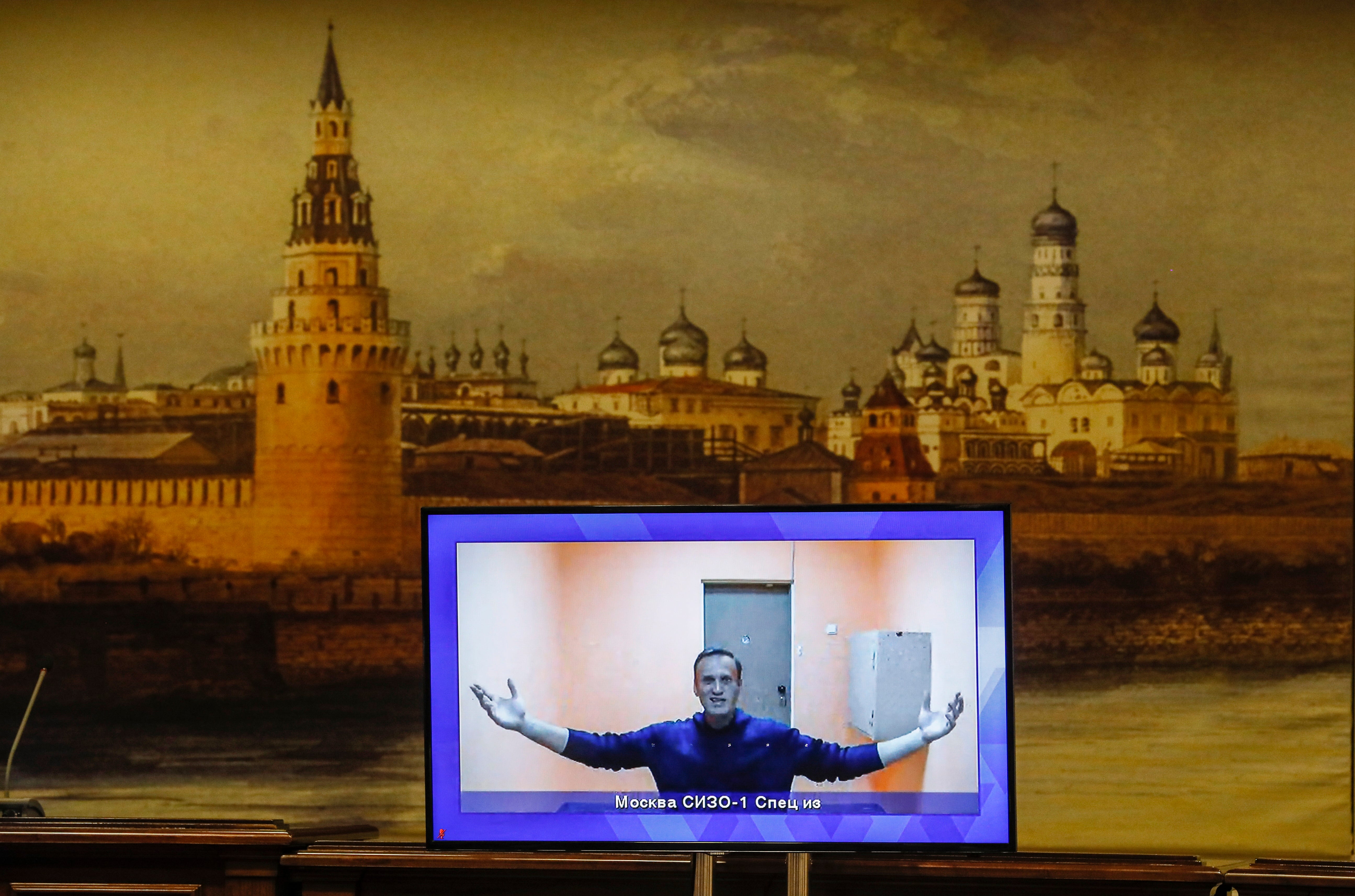 Russian opposition leader Alexei Navalny appears on a monitor screen during a Moscow court hearing of his appeal against his detention&nbsp;