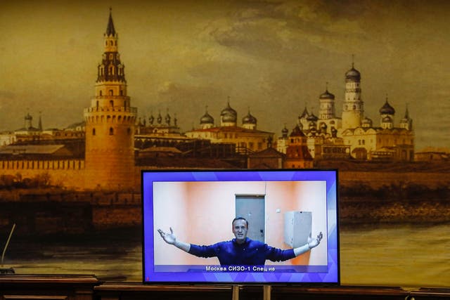 <p>Russian opposition leader Alexei Navalny appears on a monitor screen during a Moscow court hearing of his appeal against his detention&nbsp;</p>