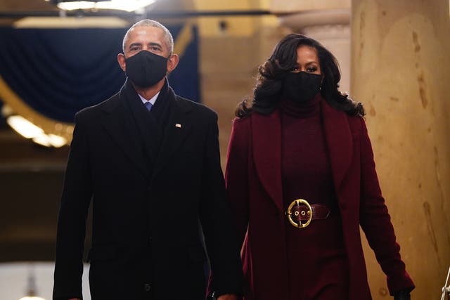 Barack and Michelle Obama arrive in the Crypt of the US Capitol for Joe Biden’s inauguration ceremony on 20 January 2021