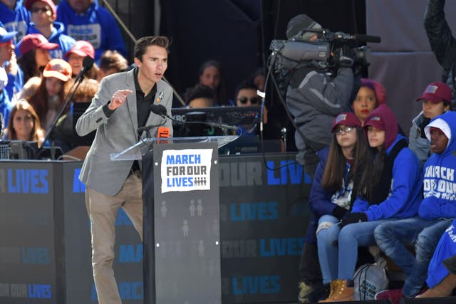 <p>David Hogg addresses the crowd during the first March For Our Lives rally in 2018 </p>
