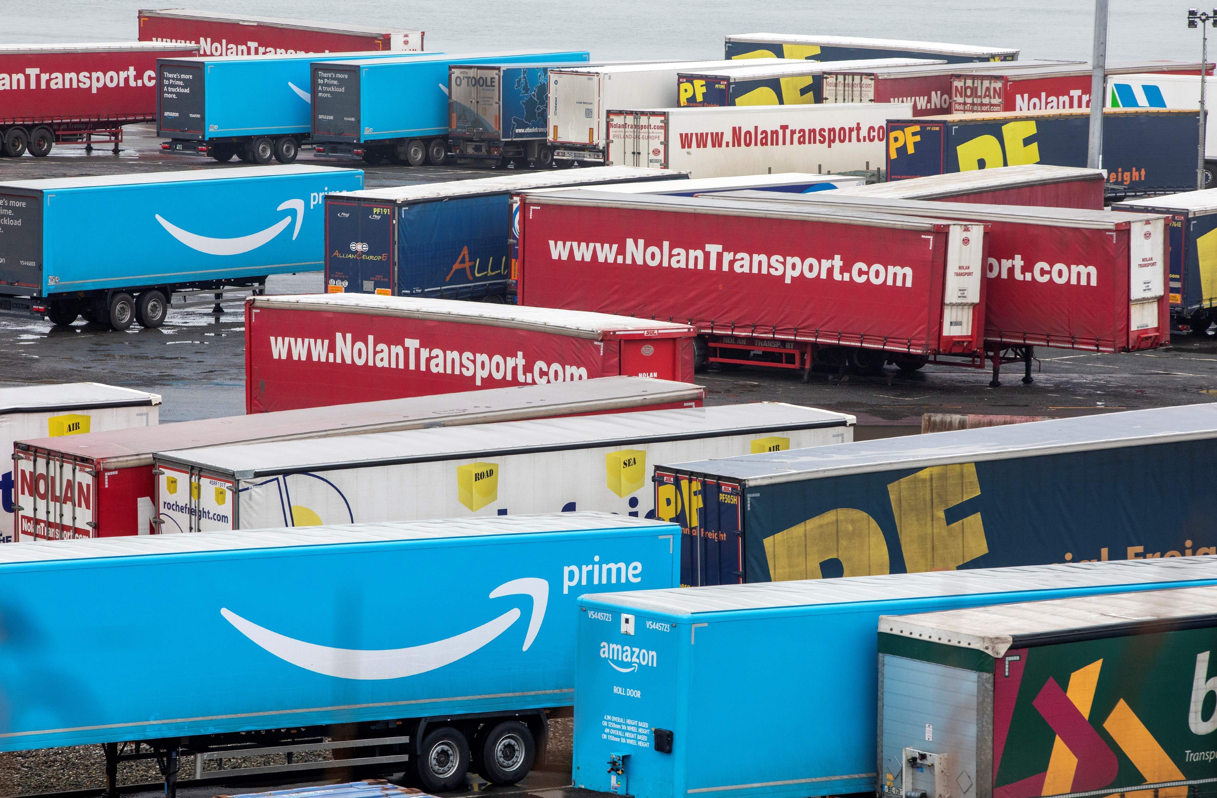 Amazon-branded freight and trucks are pictured at Rosslare Harbour, Ireland, on 27 January, 2021.