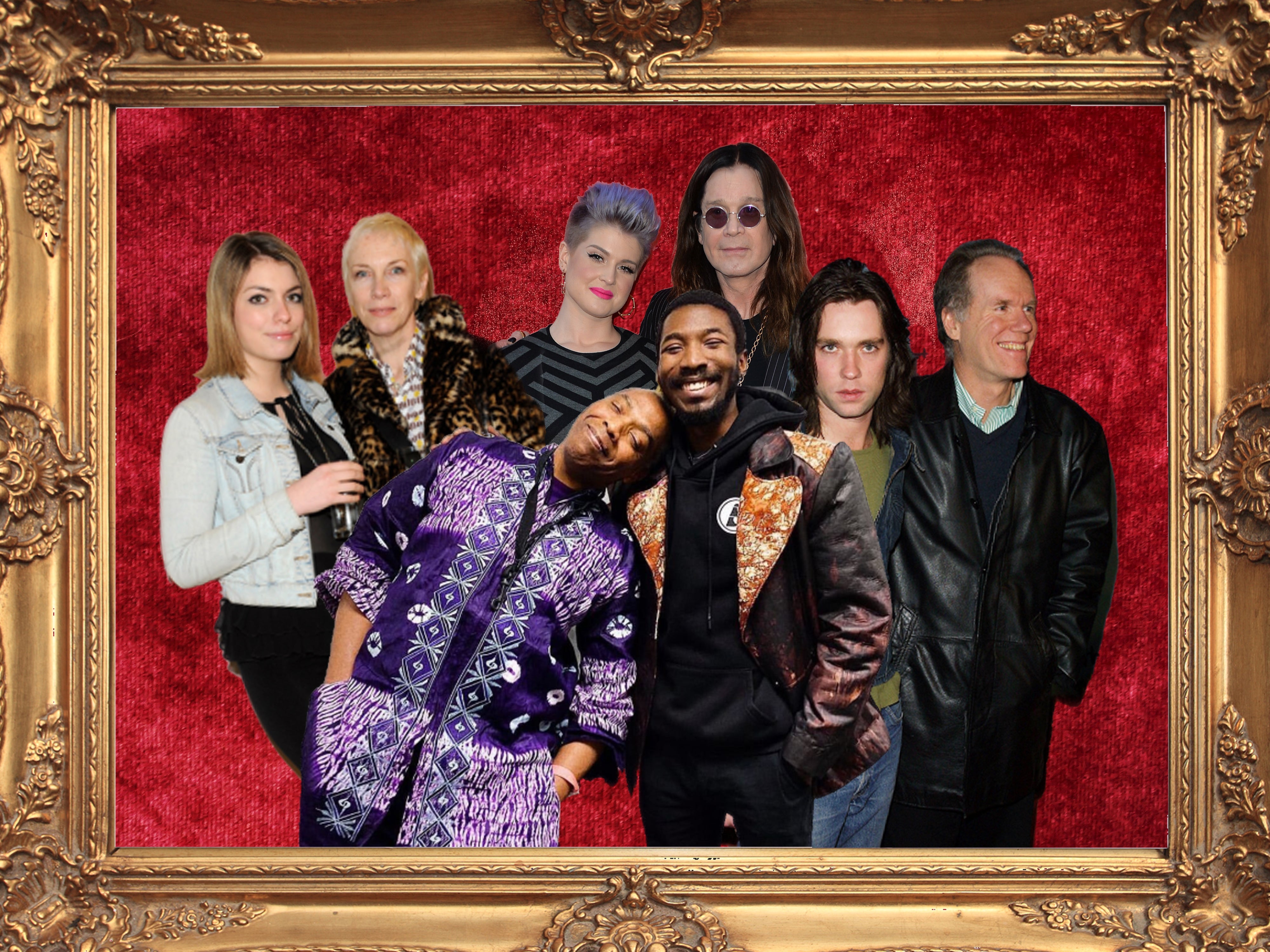 Family portrait: Lola and Annie Lennox (left), Femi and Made Kuti (front), Kelly and Ozzy Osbourne (back), and Rufus and Loudon Wainwright III (right)