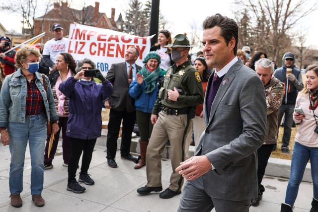 <p>Matt Gaetz (R-FL) walks up to speak to a crowd during a rally against Rep. Liz Cheney (R-WY) on 28 January 2021 in Cheyenne, Wyoming</p>