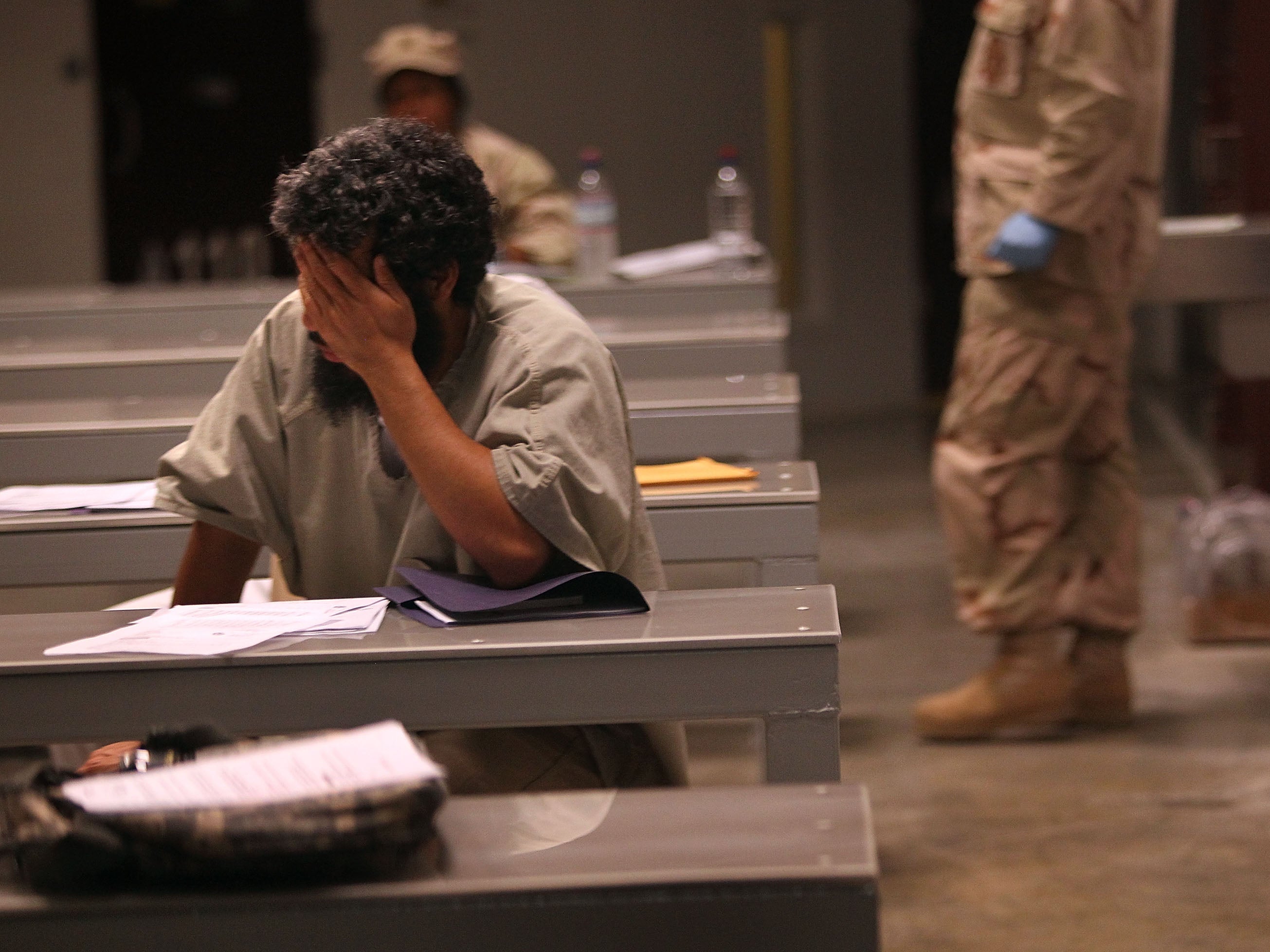 A detainee sits during a “life skills” class held for prisoners at Camp 6 in the Guantanamo Bay detention centre on March 30, 2010.