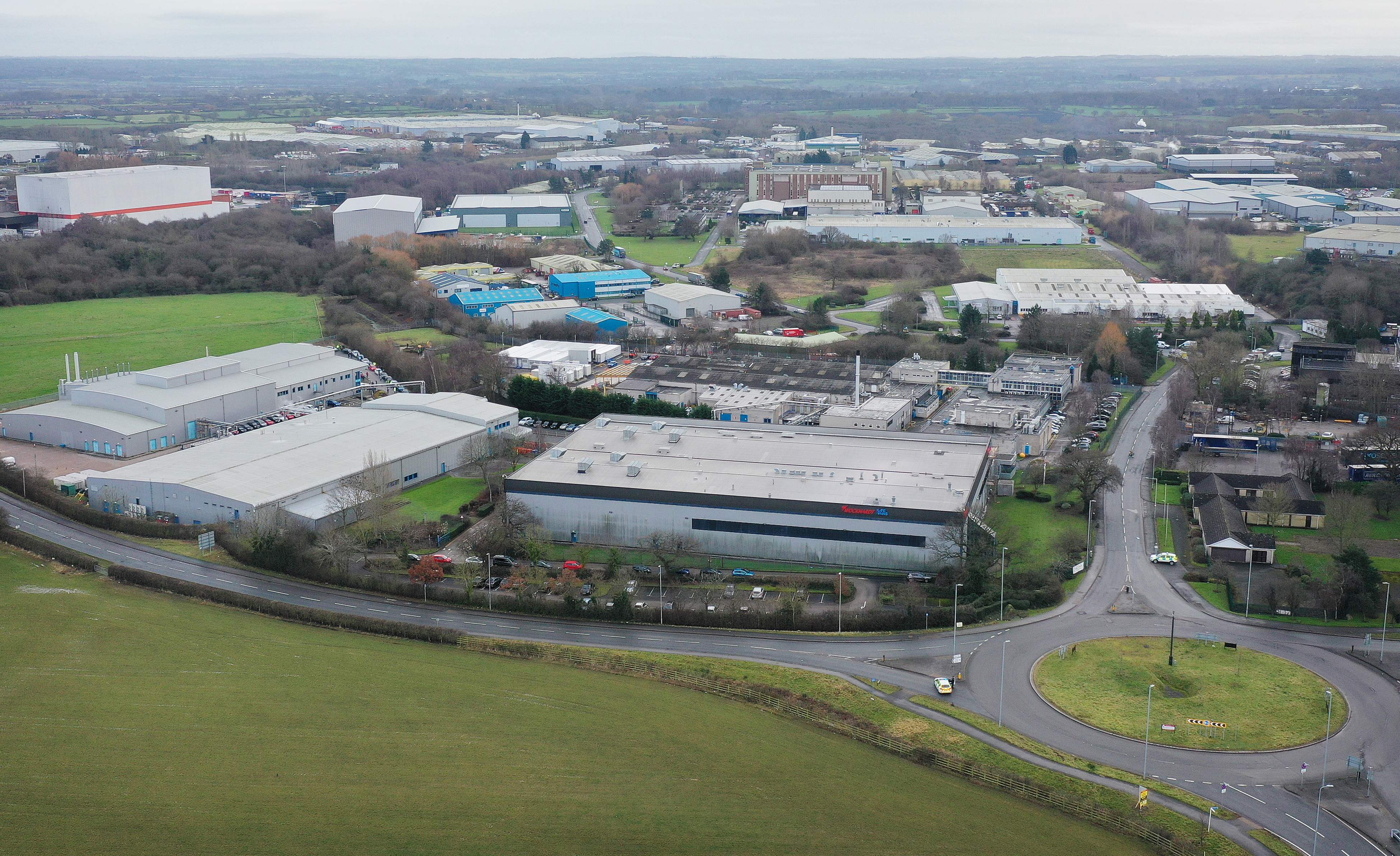 Police cordon off the factory of pharmaceutical and biotechnology company Wockhardt which produces the Covid-19 vaccine in Wrexham, north Wales after reports of a suspicious package on January 27, 2021.