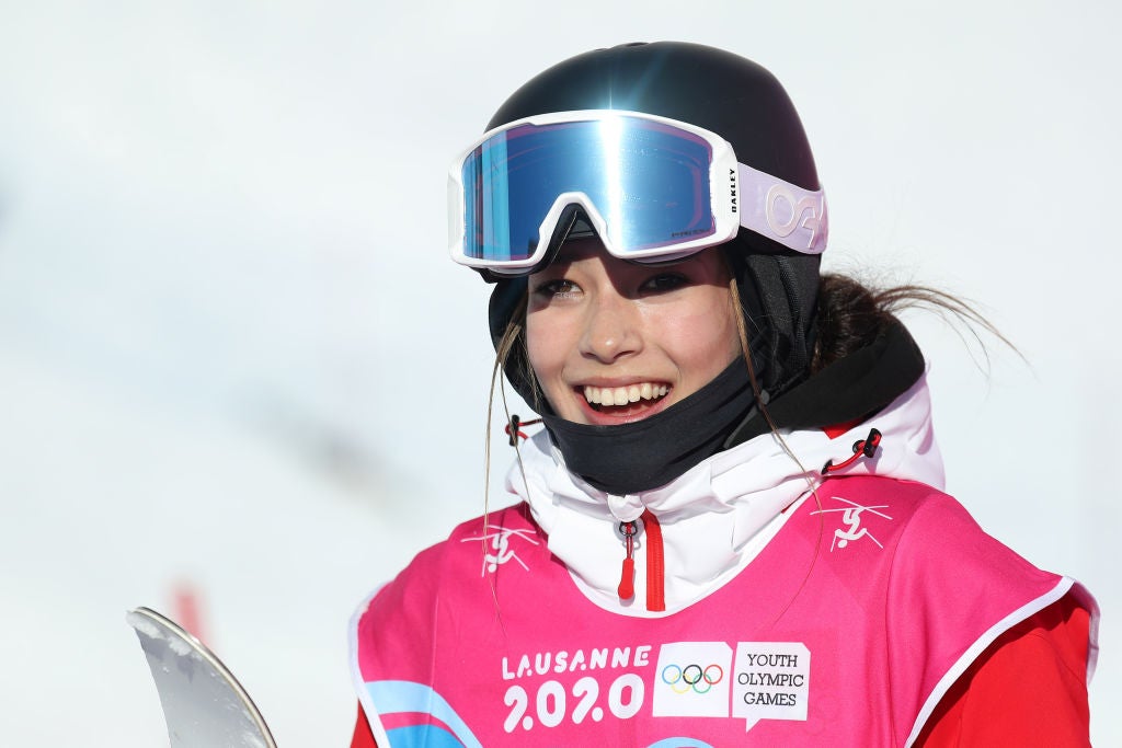 Eileen Gu of China celebrates after her Women’s Freeski Big Air Final Run 3 in freestyle skiing at the Lausanne 2020 Winter Youth Olympics
