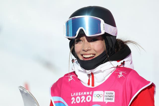 <p>Eileen Gu of China celebrates after her Women’s Freeski Big Air Final Run 3 in freestyle skiing at the Lausanne 2020 Winter Youth Olympics</p>