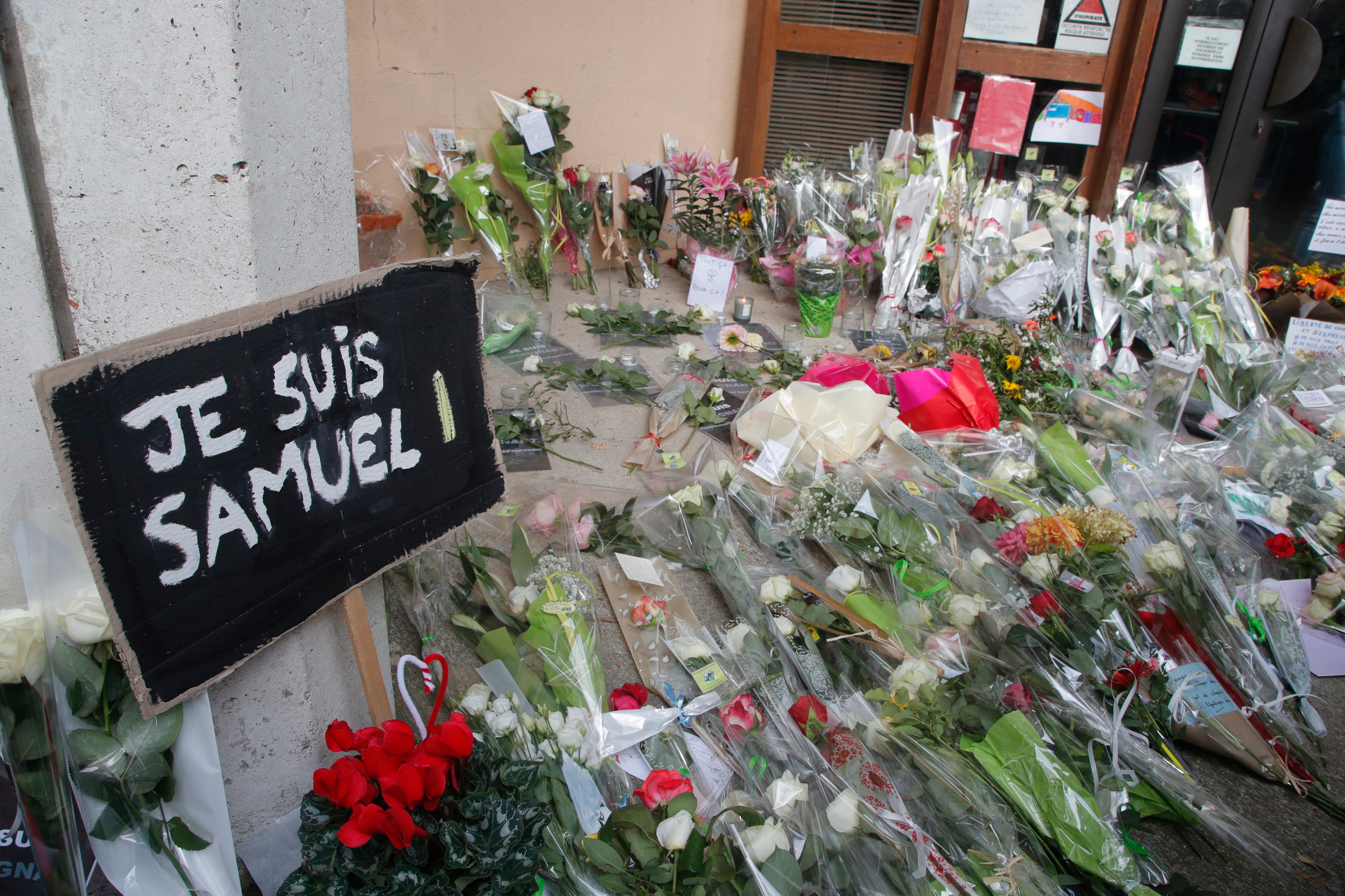 Tributes to slain history teacher Samuel Paty in Conflans-Sainte-Honorine, northwest of Paris, in October 2020