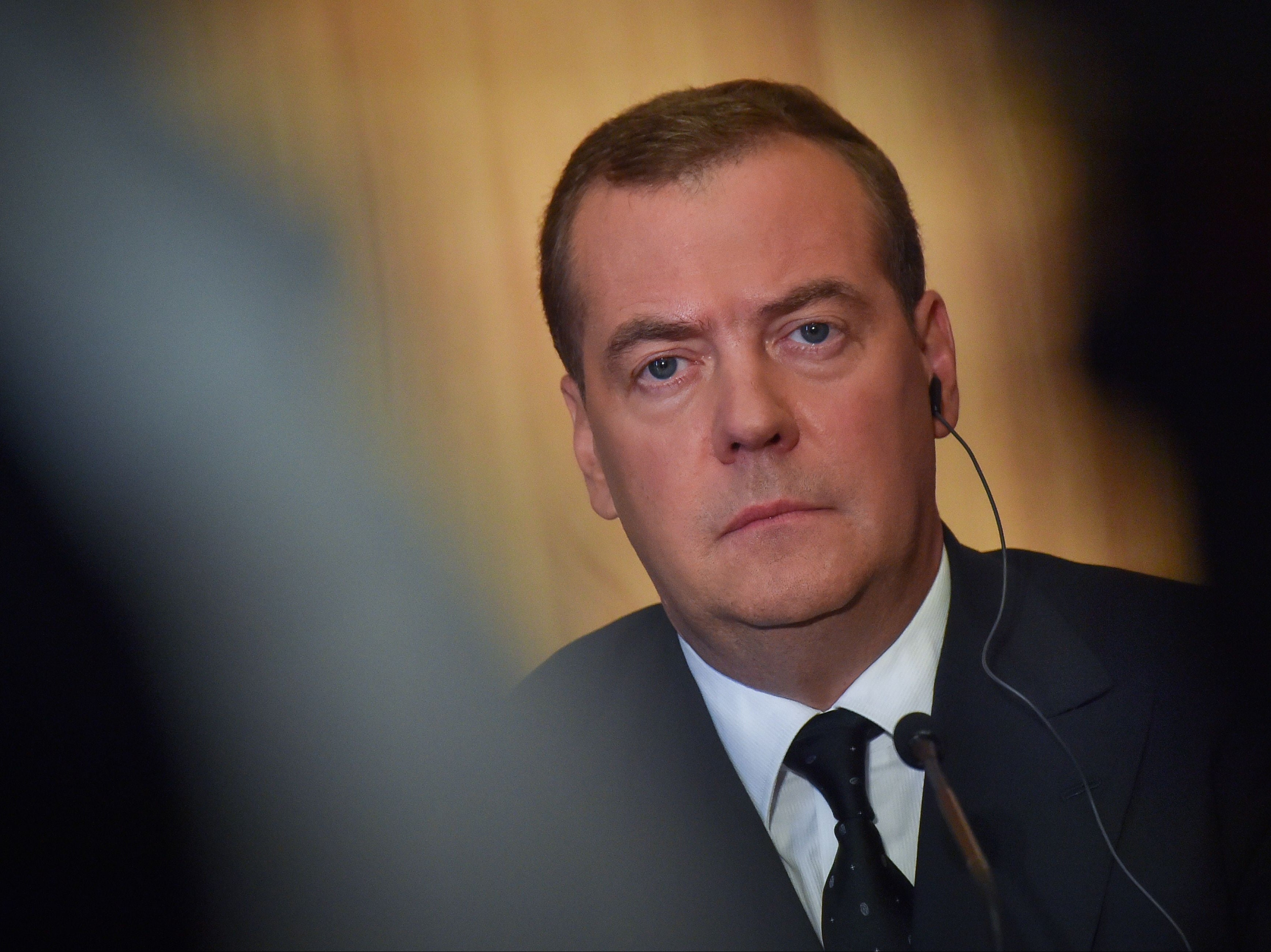 Dmitry Medvedev gives a press conference during an official visit to Le Havre, western France on 24 June, 2019
