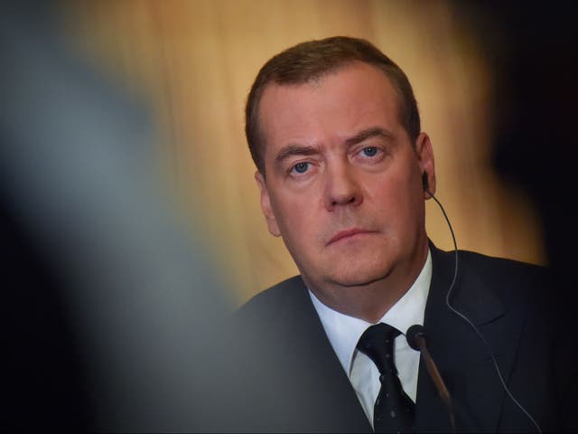 <p>Dmitry Medvedev gives a press conference during an official visit to Le Havre, western France on 24 June, 2019</p>