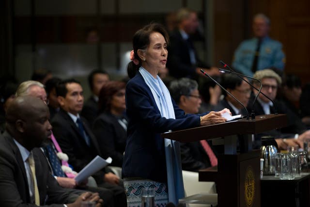 <p>Aung San Suu Kyi addresses the International Court of Justice in The Hague, 11 December 2019</p>