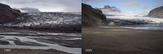Skaftafellsjökull, one of the outlet glaciers of the Vatnajökull ice cap. The images show the retreat between September 1989 and August 2020