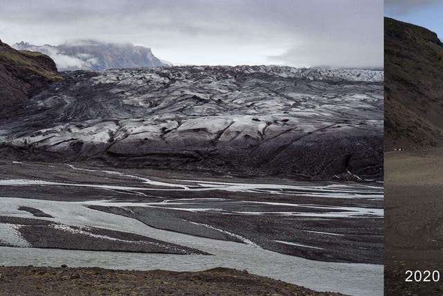 Skaftafellsjökull, one of the outlet glaciers of the Vatnajökull ice cap. The images show the retreat between September 1989 and August 2020