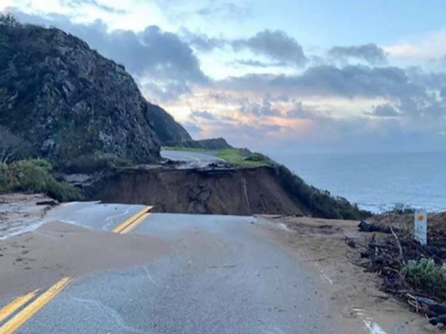 Damage to Highway 1 on 31 January along the Big Sur coastline in California following a debris flow caused by heavy rains in the wake of wildfires 
