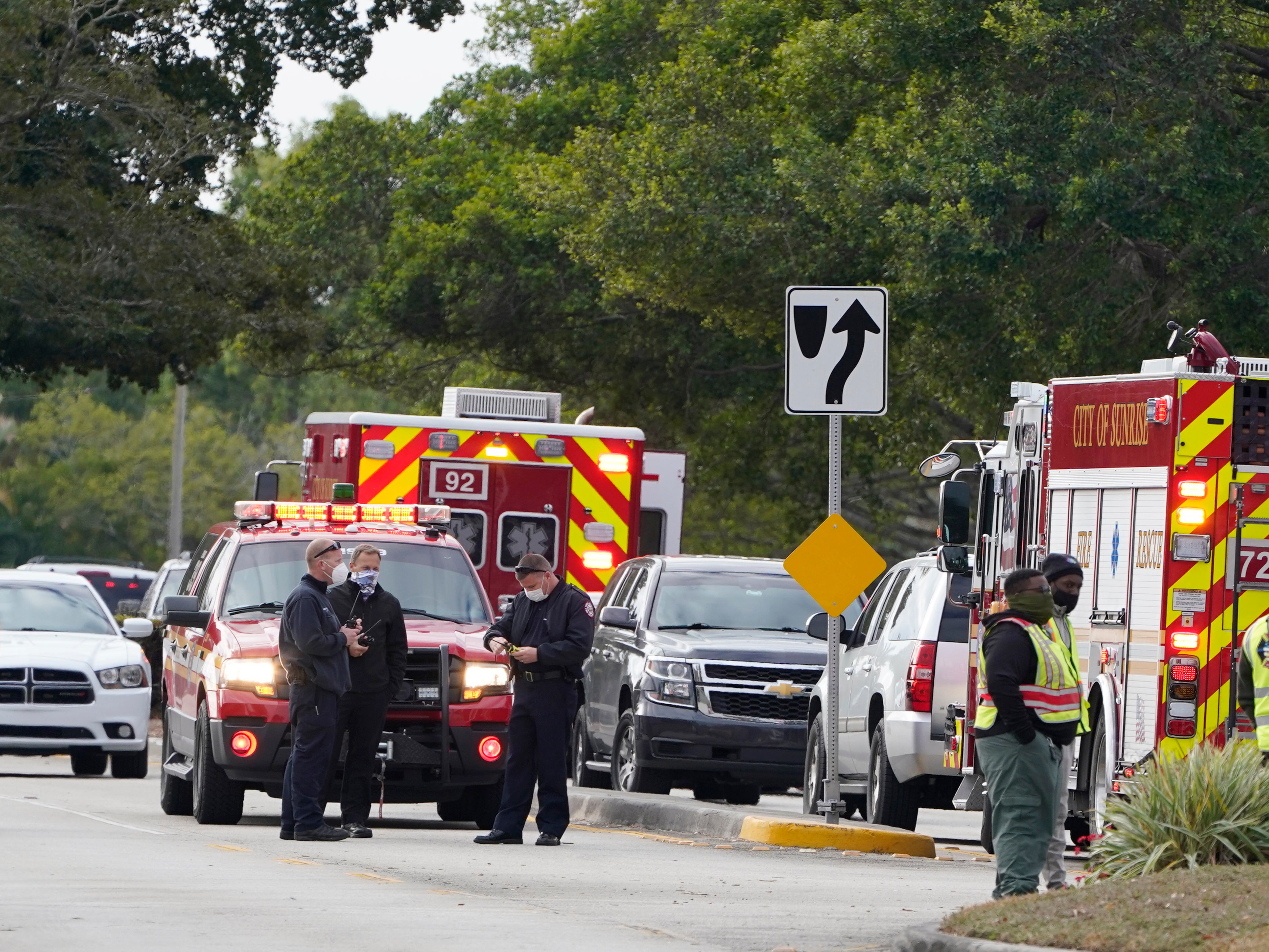 Law enforcement officers block an area where a shooting wounded several FBI while serving an arrest warrant in Sunrise, Florida on 2 February, 2021