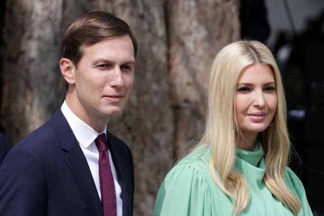 <p>Special adviser to the president Jared Kushner (L) and Ivanka Trump arrive to the signing ceremony of the Abraham Accords on the South Lawn of the White House 15 September 2020 in Washington, DC</p>